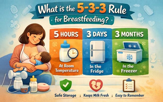 Mother breastfeeding baby with infographic explaining 5-3-3 rule for breast milk storage at room temperature, fridge, and freezer