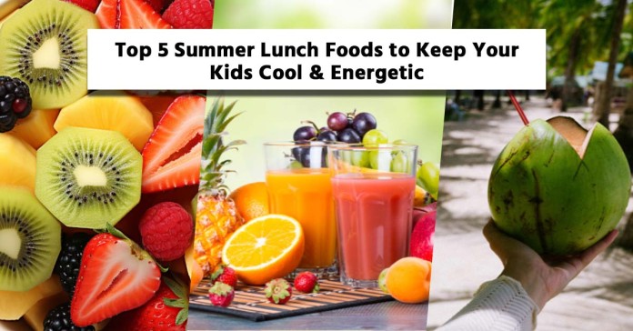 Healthy summer lunch foods for kids including fruits, curd rice, sandwiches, lemon rice, and fresh juice